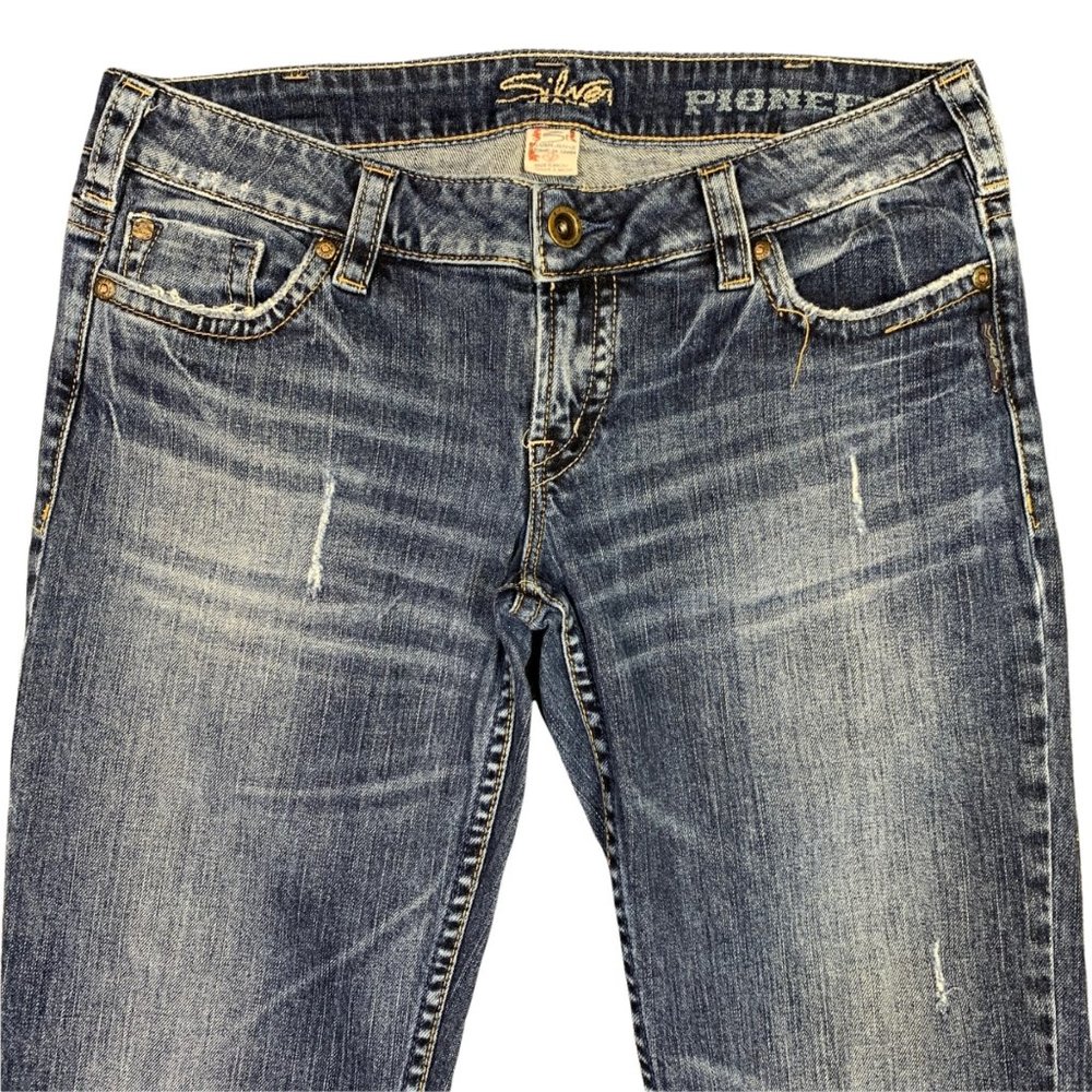 Silver Jeans Pioneer Distressed Boot Cut Denim Blue Jeans Size W31/L33 EUC - Picture 2 of 12